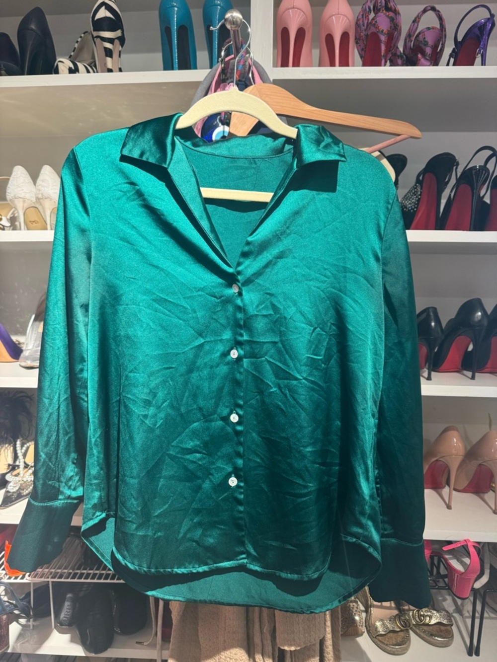 Elegant Emerald Satin Button-Down Blouse